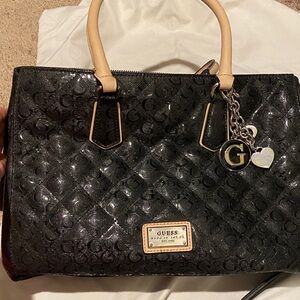 GUESS Black Quilted Tote with Tan Handles